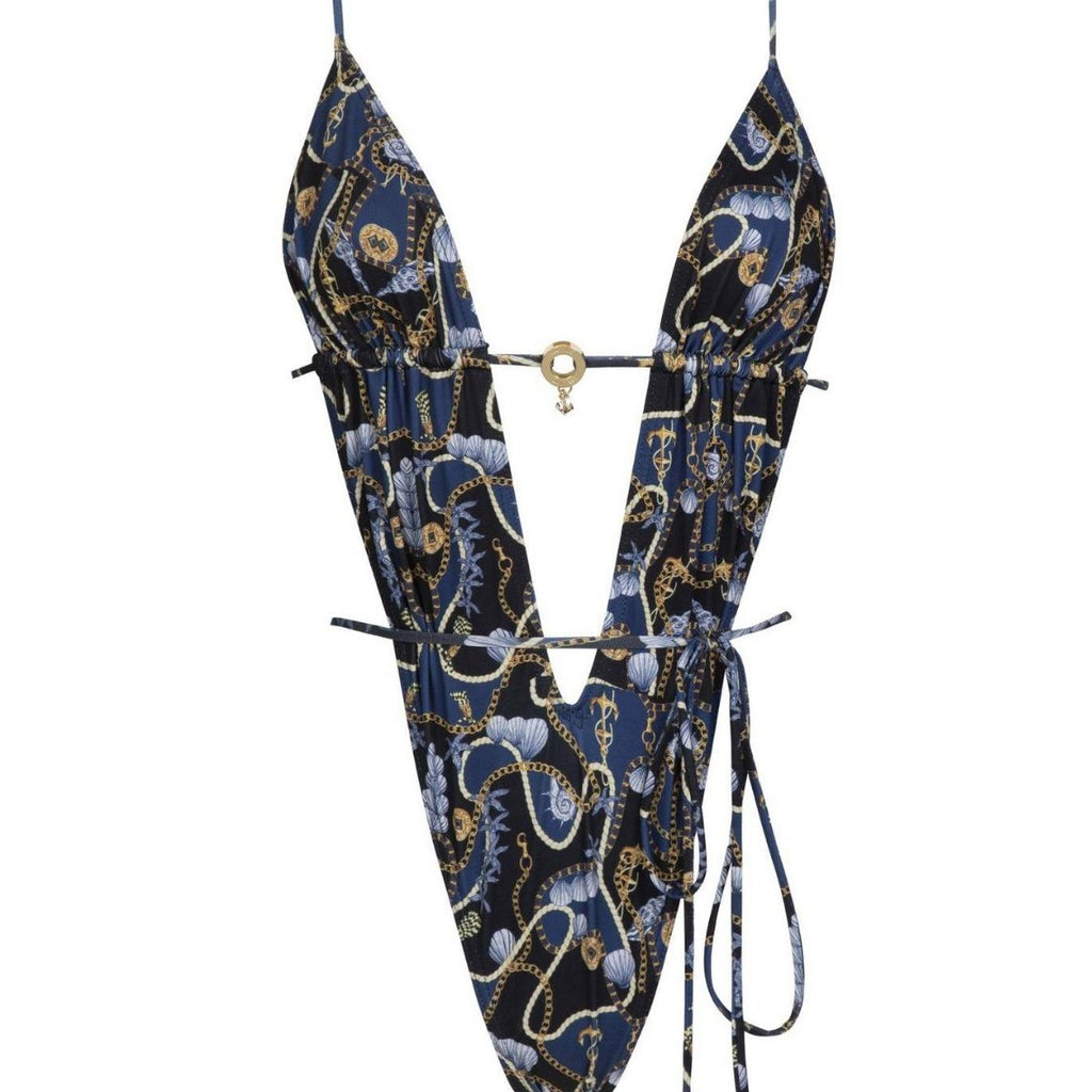 Sexy Deep V One-Piece Swimsuit with Lace-Up Back for Women - European and American Style Printed Bikini